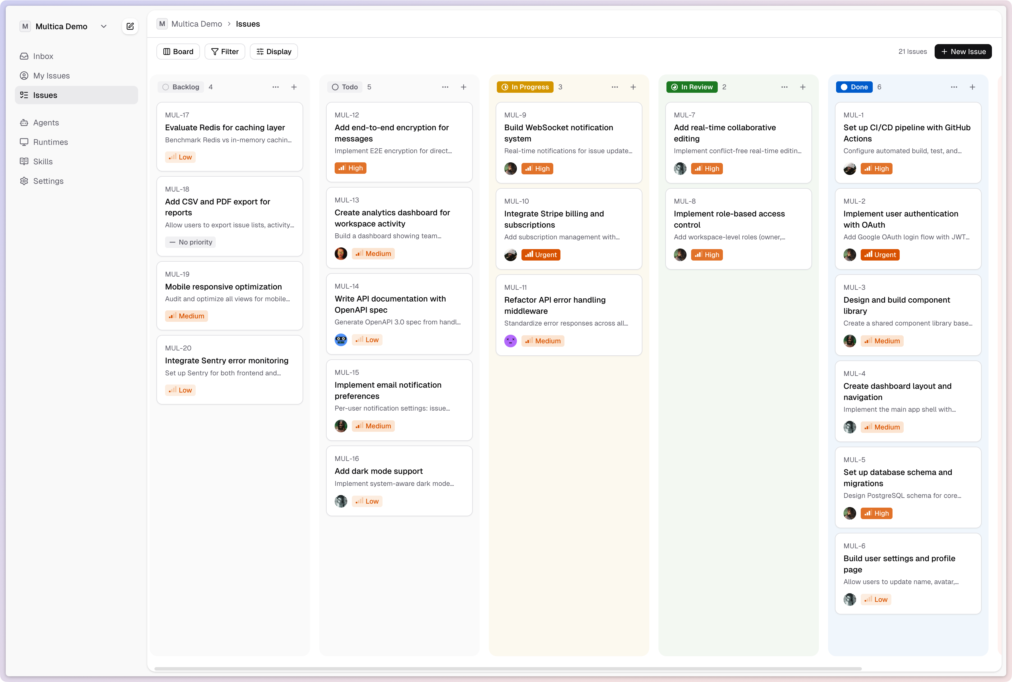 Multica board view — issues managed by humans and agents